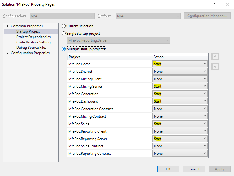 Solution Startup Settings